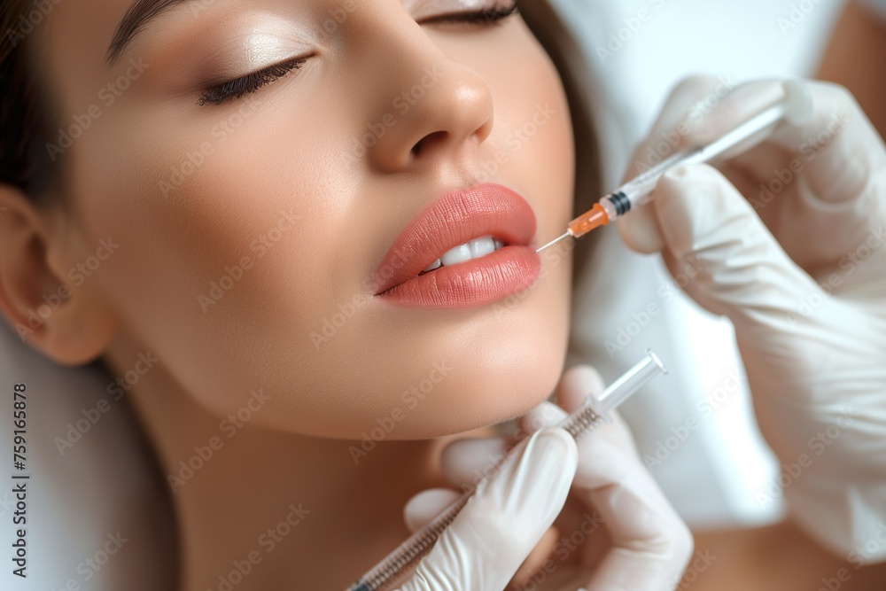 A woman getting a botulage injection from a doctor in a clinical setting. A woman getting a botulage injection from a doctor in a clinical setting.