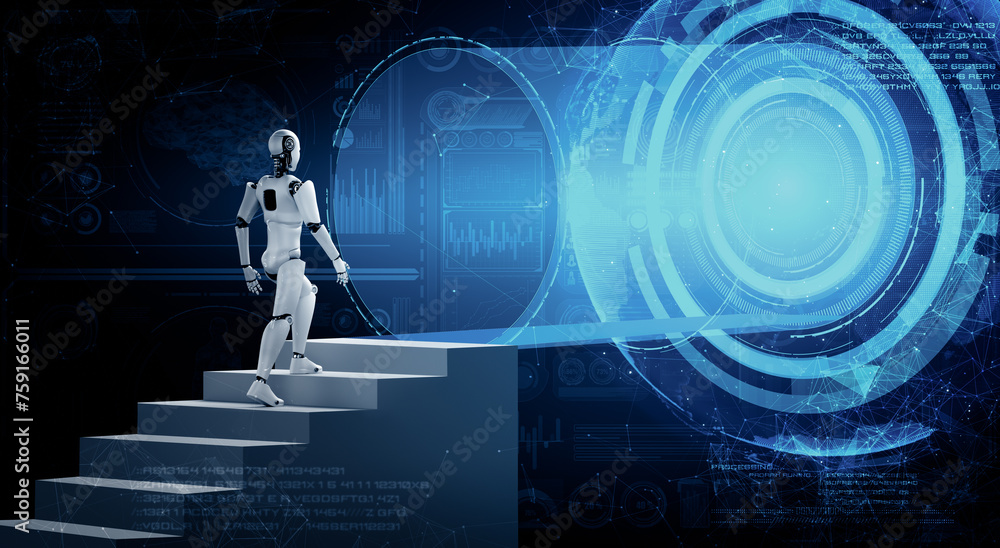 Machine Learning Goals Image XAI 3d illustration robot humanoid walk up stair to success and goals ...