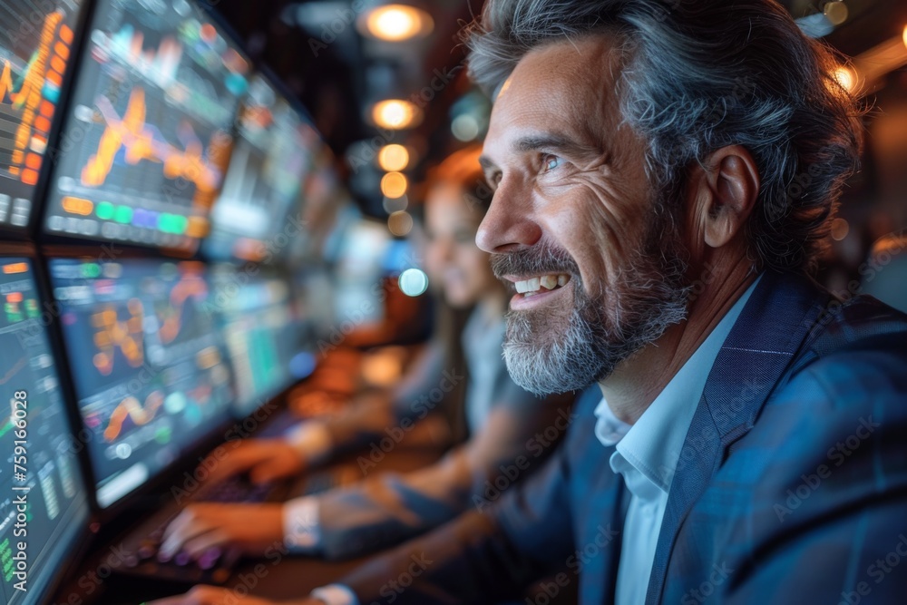 Obraz premium professional middle aged businessman in suit looking excited at stock market screens