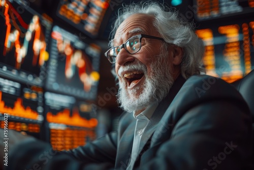 professional middle aged businessman in suit looking excited at stock market screens