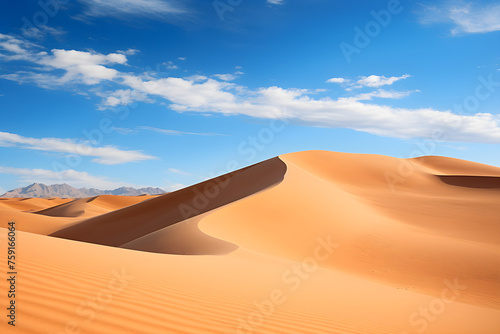 Solitude Personified: A Sweeping View of Endless Sand Dunes under a Deep Blue Sky