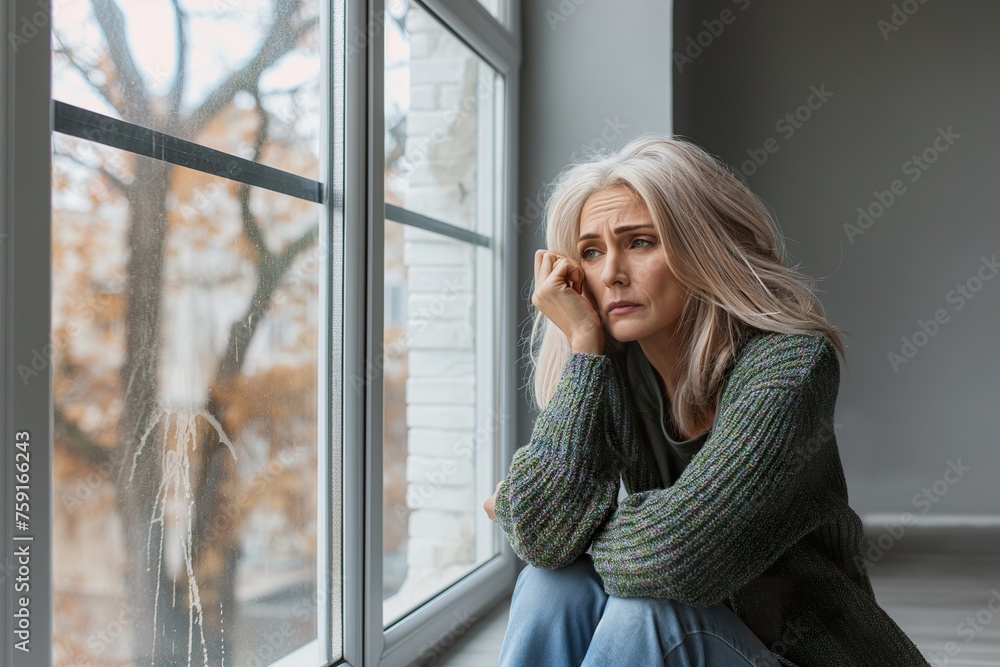 A mature woman sits on a window sill, gazing out of the window. A mature woman sits on a window sill, gazing out of the window.