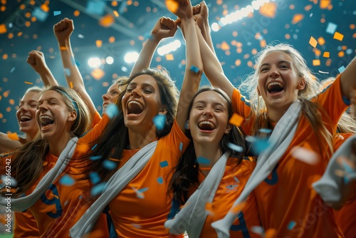 Women in orange shirts celebrating a victory by raising their hands in unison.