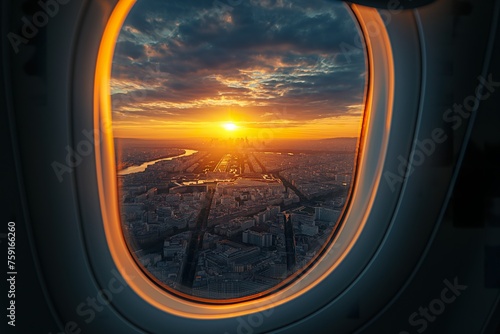 A view of a vibrant sunset through an airplane window, showcasing the Paris cityscape below.
