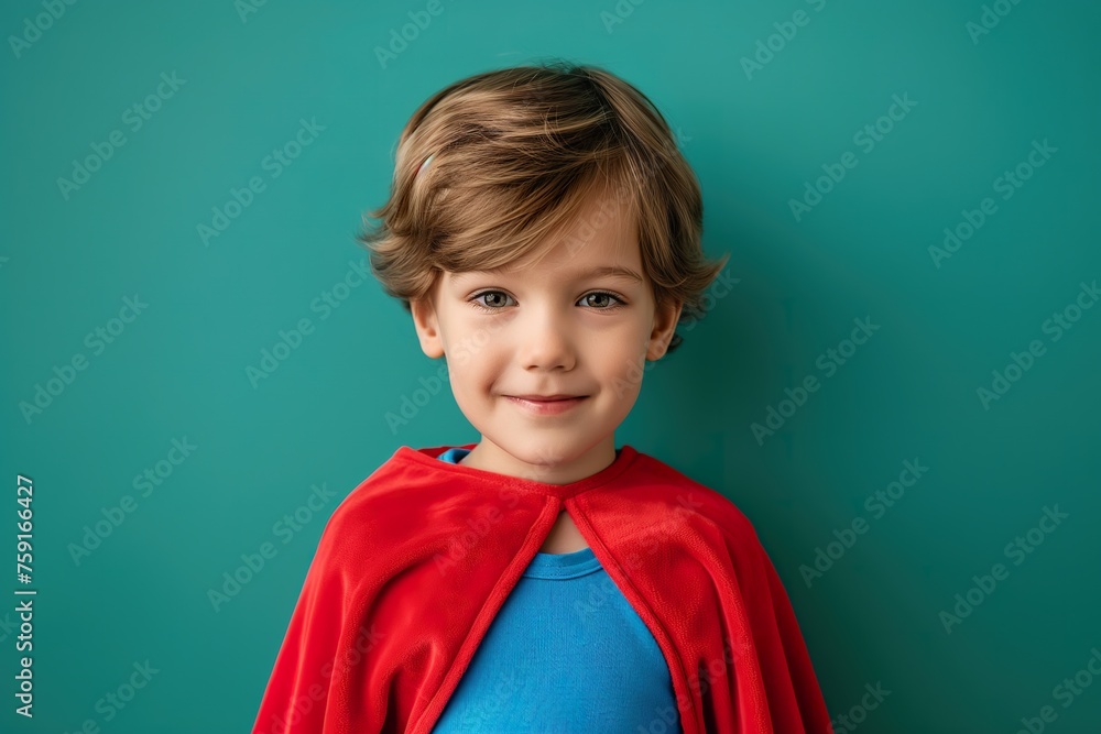 A young boy dressed as a superhero, wearing a red cape and blue shirt, standing on a green mat. A young boy dressed as a superhero, wearing a red cape and blue shirt, standing on a green mat.