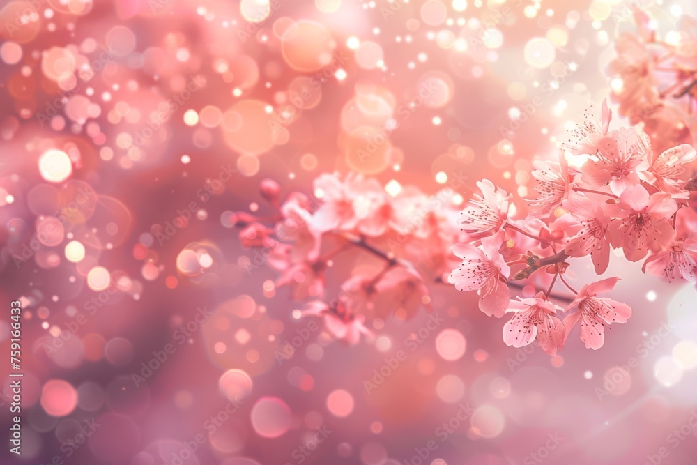 sakura blossoms background with bokeh, bokeh, blossoms and trees, in the style of pink and amber
