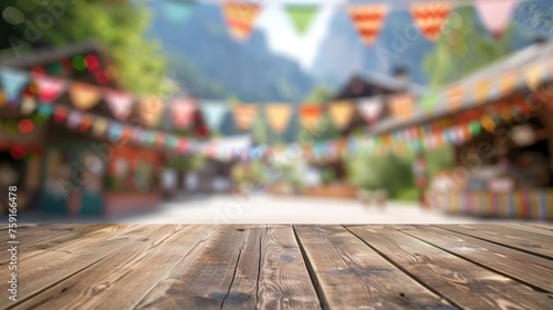A wooden table with a view of a town with many flags hanging from it. The flags are of different colors and sizes, and they are spread out across the town. Oktoberfest Concept
