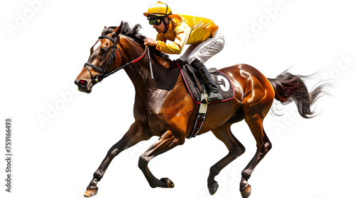 Horse racing .Jockey racing on horse, white background, full body, png photo