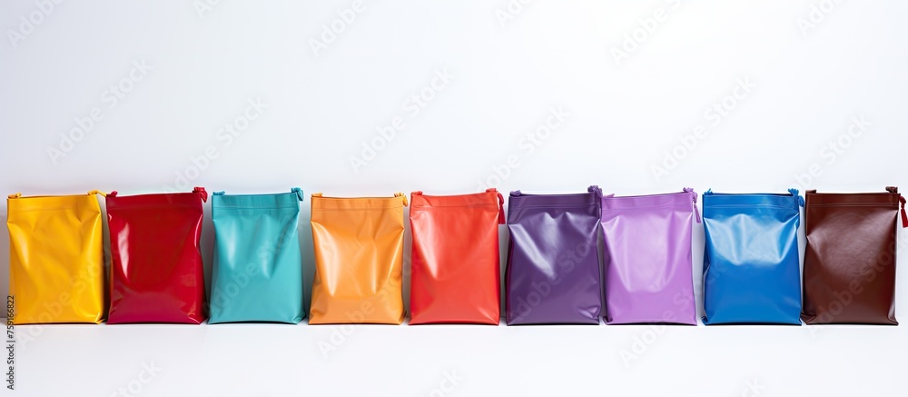 A row of vibrant bags in shades of violet, magenta, and electric blue are displayed on a white surface, creating an artistic and fluid arrangement