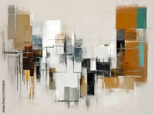 Soft abstract art painting background with a minimal sparse pale composition of shapes in shades of gold, black and white