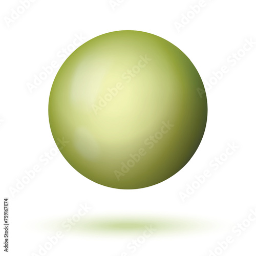 Glass green ball or precious pearl. Glossy realistic ball, 3D sphere. Abstract vector illustration highlighted on a white background. Big metal bubble with shadow