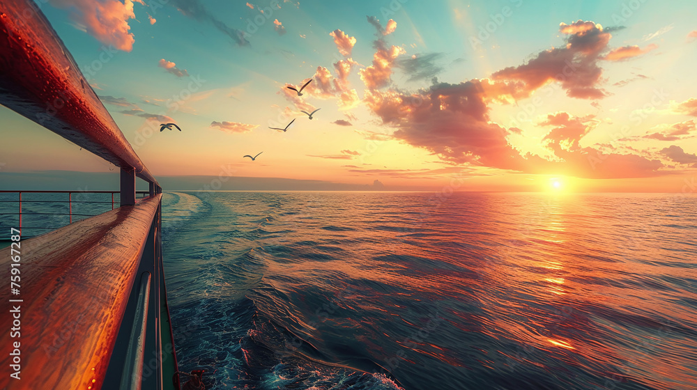 Sunset from the open deck of luxury cruise ship The side deck of a ...