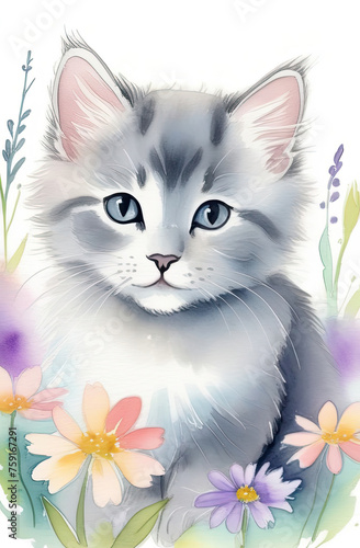 Charming watercolor illustration of fluffy little kitty nestled among delicate spring wildflowers. Decor in children rooms or shabby chic interiors, textile designs, wallpapers, educational materials
