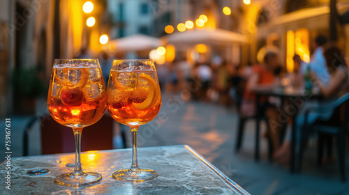 Two glasses of Aperol Spritz cocktails on the table in Italian restaurant, street view