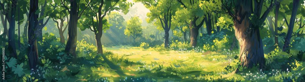 Illustration of a summer sunny forest. Long horizontal banner Illustration of a summer sunny forest. Long horizontal banner