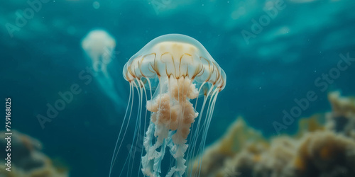 White jellyfish on blue ocean
