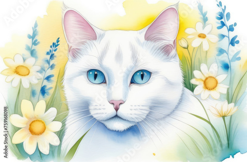 Charming watercolor illustration of white blue eyed cat nestled among delicate spring wildflowers. Decor in children rooms or shabby chic interiors, textile designs, wallpapers, educational materials