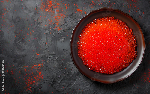 A bowl of red caviar on black background