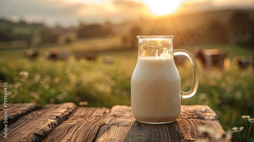 transparent glass jug of milk on wooden table; cows walking on grass on background; copy space transparent glass jug of milk on wooden table; cows walking on grass on background; copy space