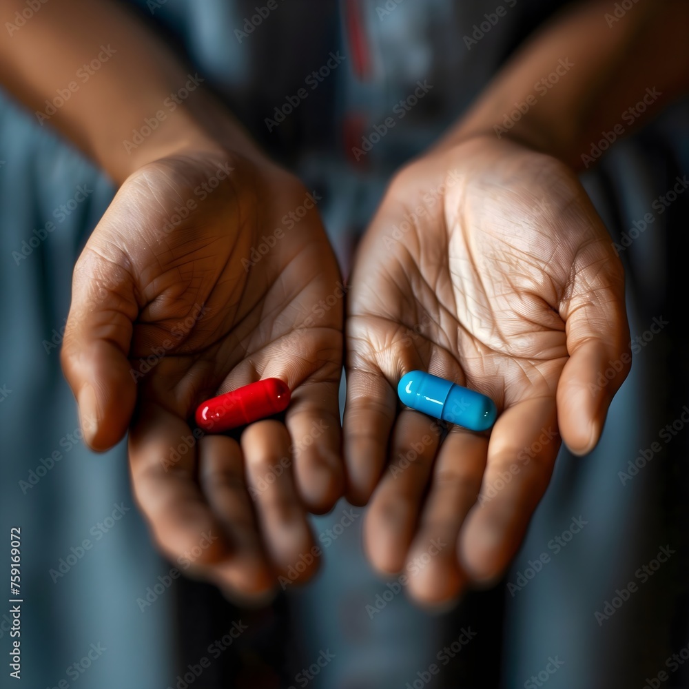 Closeup on human hands holding red and blue pill, tablet, health and medicine concept, choice, background, template Closeup on human hands holding red and blue pill, tablet, health and medicine concept, choice, background, template