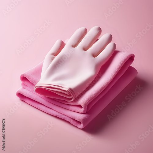 Detergents cleaning accessories rubber glove and rags for dishwashing on a pink background - generated by ai