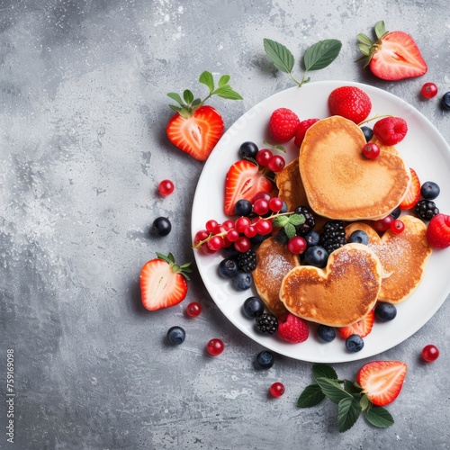 Valentine's day. heart shaped pancakes decorated with berries on a light gray concrete background with copy space for the recipe. holiday breakfast concept for valentine's day. View from above 