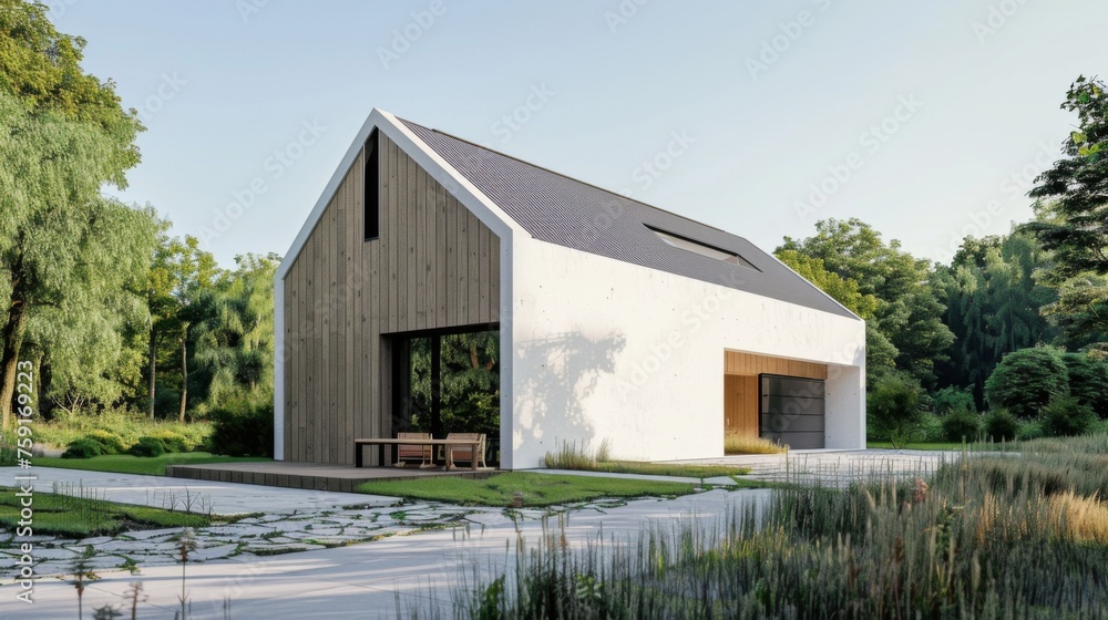 modern minimalist house with white plaster and gable roof, wooden facade. modern minimalist house with white plaster and gable roof, wooden facade.