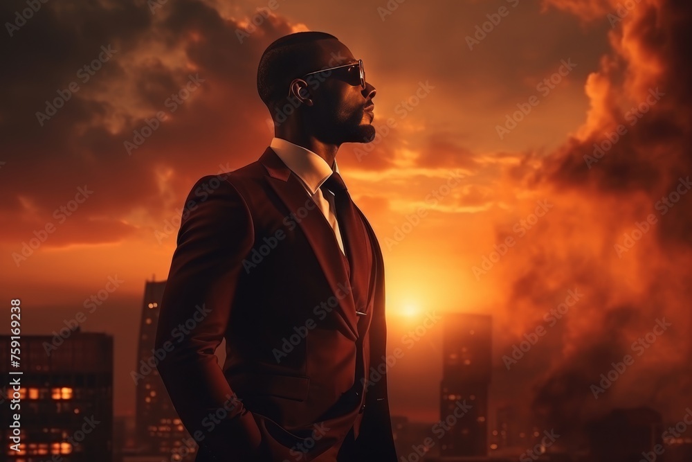 Fototapeta premium Successful black businessman pondering future success among city skyscrapers at sunset
