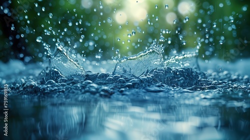 Splashes from rainwater in close-up on a natural background.