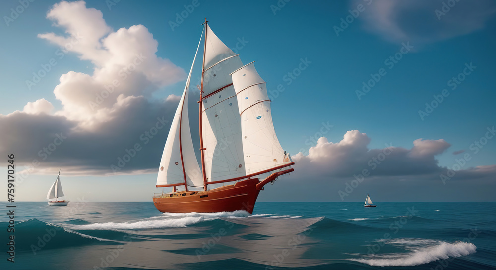 Sailboat with white sails in the sea on a sunny day