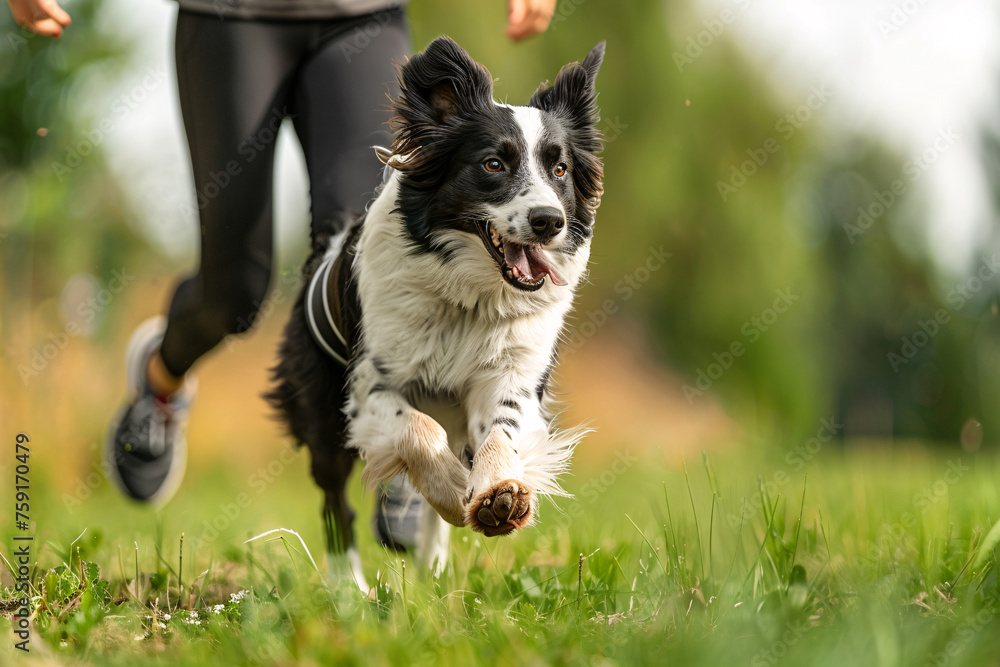 Happy black and white dog running on grass with human legs behind
