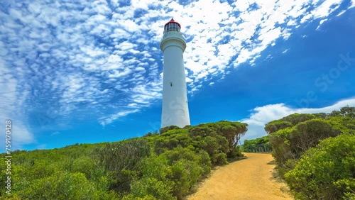 Split Point Lighthouse with blue sky located in Aireys Inlet on Great Ocean Road, Victoria, Australia. Cinemagraph. photo