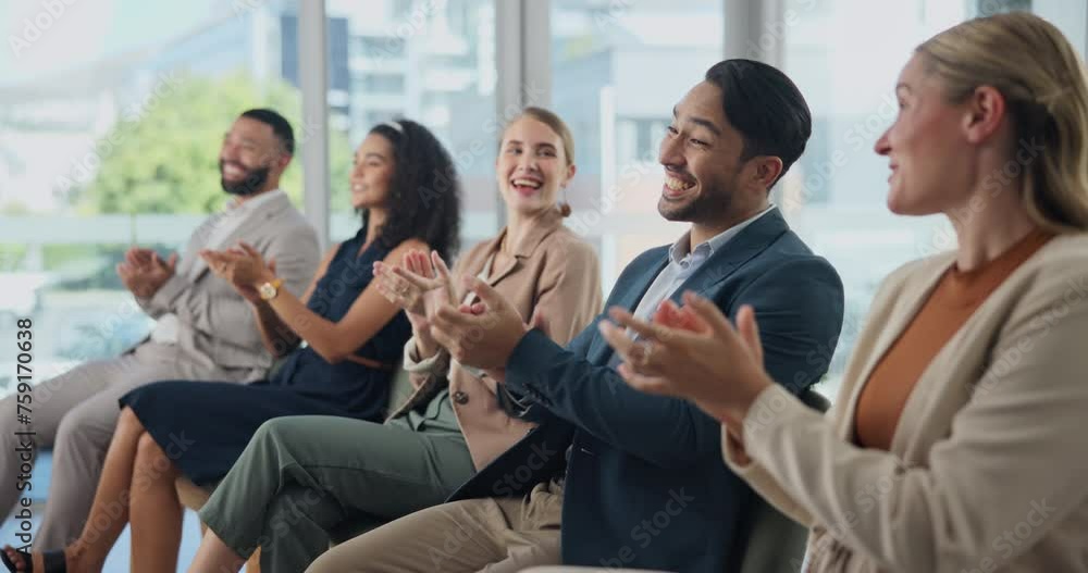 Success, happy or business people clapping in seminar presentation for winning, team support or motivation. Smile, audience or applause of proud employees for target goals, achievement or celebration Success, happy or business people clapping in seminar presentation for winning, team support or motivation. Smile, audience or applause of proud employees for target goals, achievement or celebration