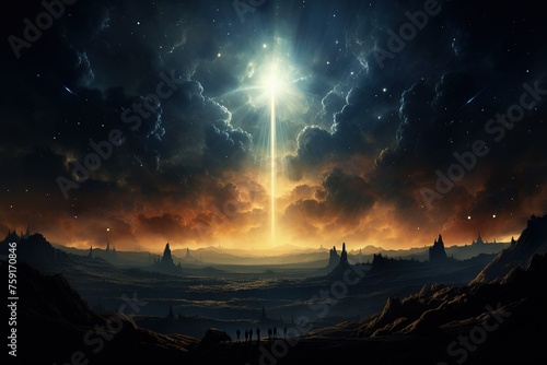 A fantastic landscape with mountains and bright starlight penetrating through dark clouds