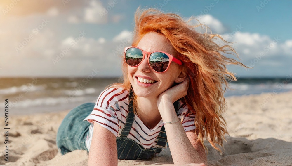 Beaming woman with red hair and sunglasses lies on a sandy beach, her joyful expression exuding relaxation and happiness under the sun