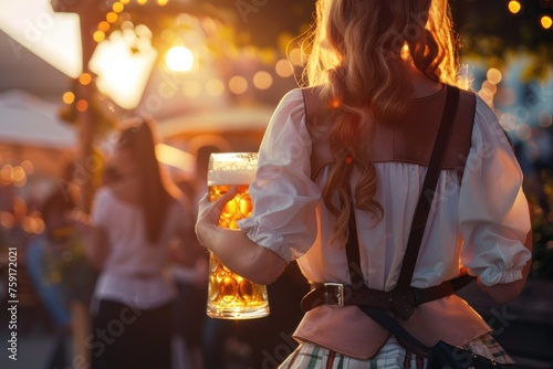 A woman wearing a white dress and a black belt is holding a glass of beer. Oktoberfest Concept