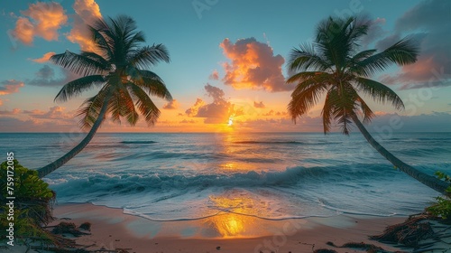 Two Palm Trees on Beach at Sunset