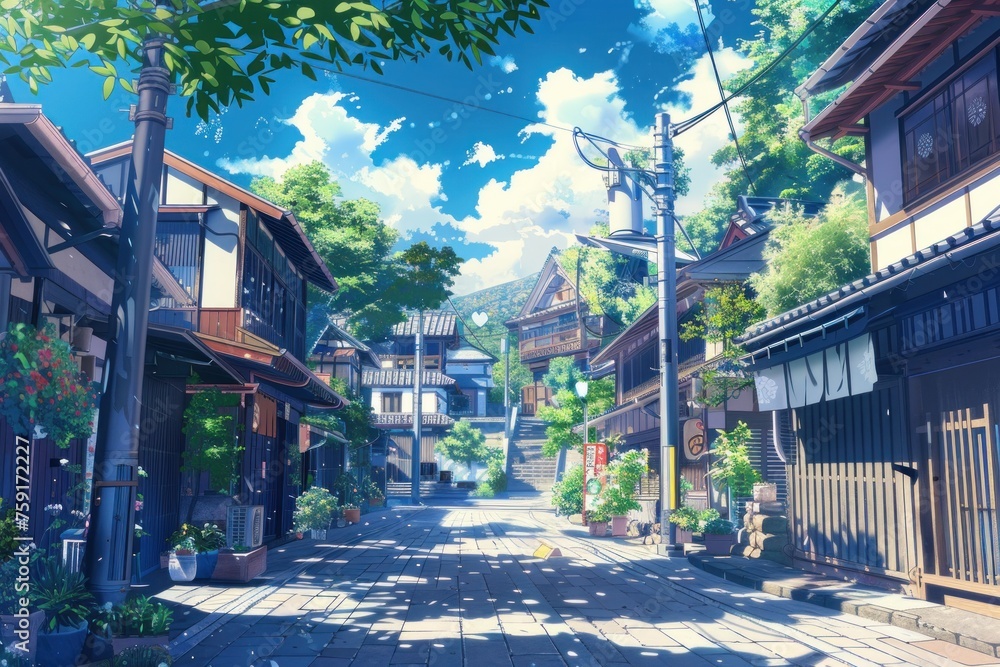 Fototapeta premium anime image depicts a quiet street on an anime game
