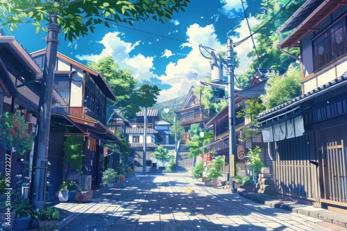 anime image depicts a quiet street on an anime game