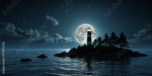 three moons rising from a almost smooth ocean, the largest only risen halfway. a tree-covered small island with a lighthouse is silhouetted. the obsidian black sky is riddled with stars. 3d, photoreal © Waqas