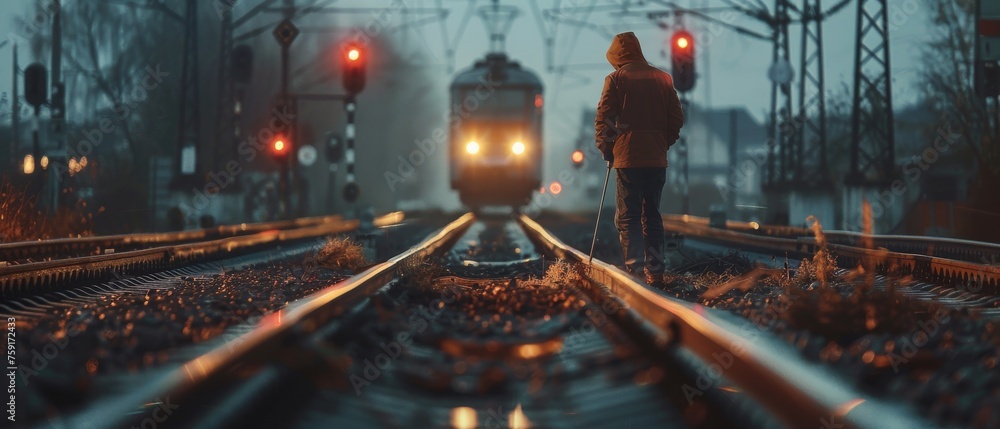Person Walking on Train Track at Sunset - obrazy, fototapety, plakaty 