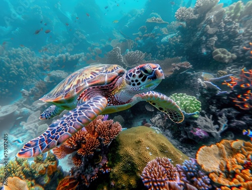 a sea turtle swimming through a coral reef