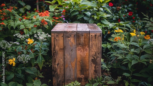 Wooden Box Overflowing With Flowers in Garden