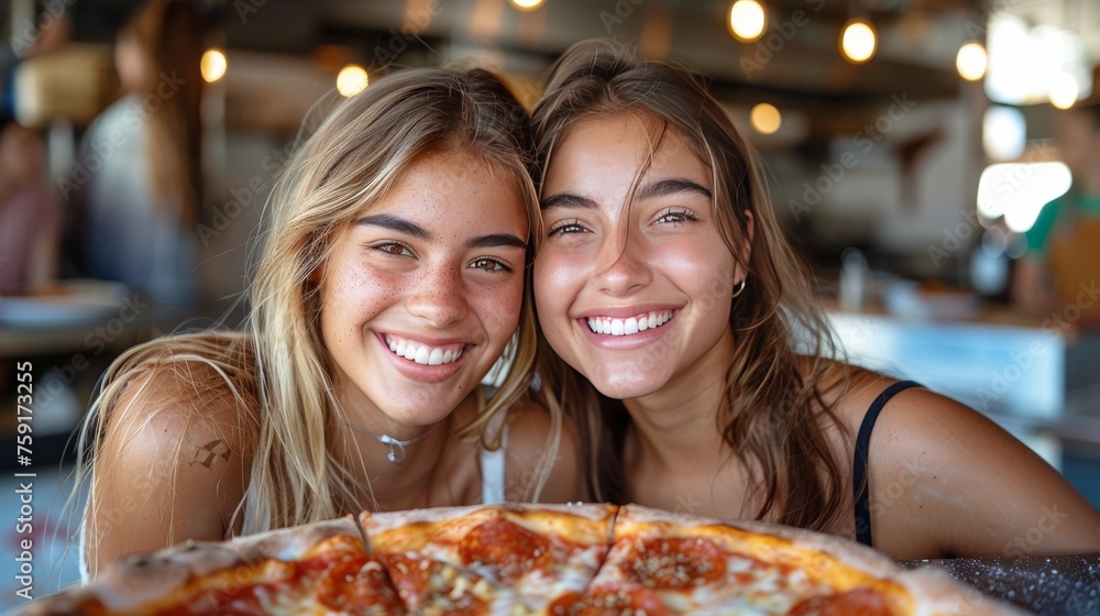 Two Women Smiling With Pizza