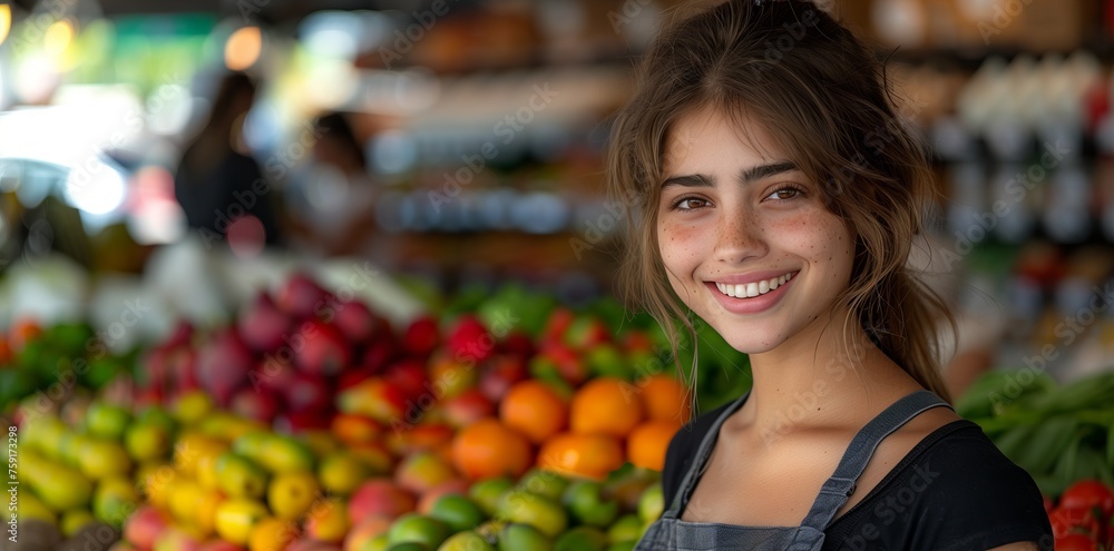 a woman is standing in front of a display of fruits and vegetables a woman is standing in front of a display of fruits and vegetables