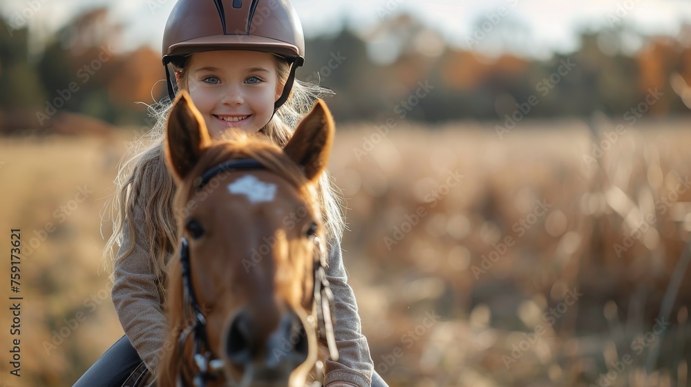 Obraz premium Young Girl Riding on the Back of a Brown Horse
