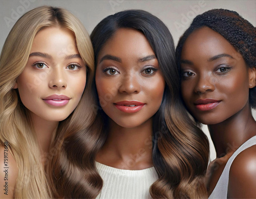 Close up no rosto de três mulheres bonitas de etnias diferentes, olhando diretamente para a câmera. photo