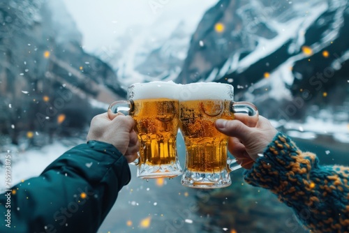 Two people are holding up two glasses of beer, toasting to a good time. The scene is set in a snowy mountain setting, with mountains in the background. Oktoberfest Concept photo