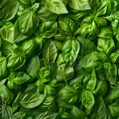 photo of green_leaves of fresh basil top view 01