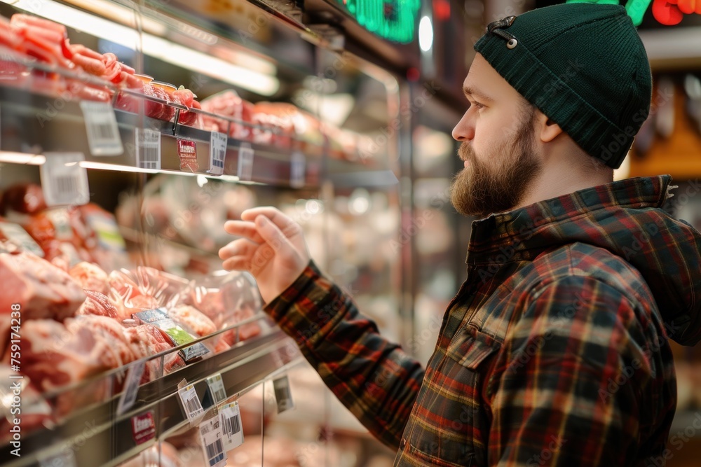 man is buying meat while looking at labels on a shelf of meat